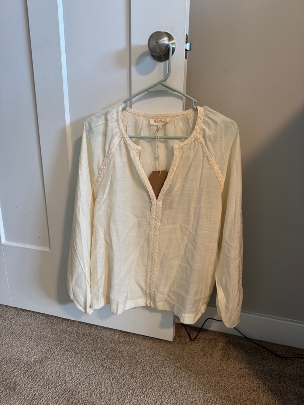 Listicle Ivory Braided-Trim Long Sleeve Blouse